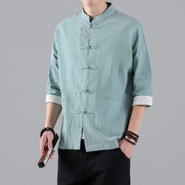 QNPQYX New Chinese Style Mens Tops Tang Suit Linen Half Sleeve Solid Traditional Kung Fu China Style Hanfu Shirt Plus Size M-5XL