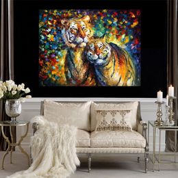 Vibrant Animal Art on Canvas Tigers Sweetness Handmade Contemporary Oil Painting for Living Room Wall