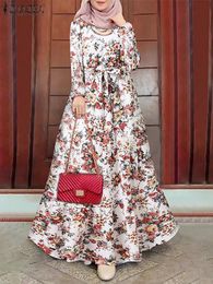 Ethnic Clothing ZANZEA Elegant Floral Muslim Dress Women Printed Sundress Kaftan Turkey Abaya Hijab Vestidos Belted Female Robe Islam Clothing 230616