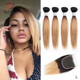 Hair Bulks 50g pc 4 Bundles with Closure Transparent Lace Ombre Blonde Brown Free Part Straight Human Short Bob Style 230617