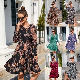 Casual Dresses Ladies Street Retro Glamour Dress Spring And Autumn Printed Lantern Sleeves V-neck Lace-up A-line