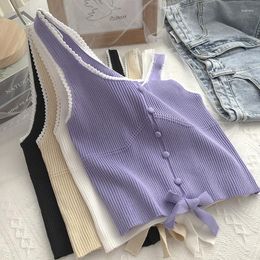 Women's Tanks Crop Top Sleeveless Knitted Bow Tank Tops Women Crochet Hollow Out Korean Fashion Camisole Female Lace Patchwork Drop