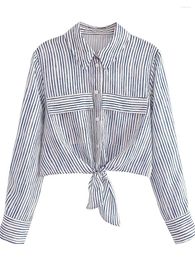 Women's Blouses KONDALA Chic Casual Striped Streetwear Bow Short Women Shirt Fashion 2023 Summer Long Sleeve Vintage Luxury Slim Mujer Top