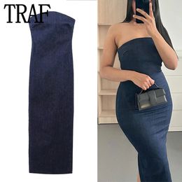 Urban Sexy Dresses TRAF Off Shoulder Denim Dress Woman Blue Corset Long Women Midi Bodycon For 2023 Elegant Party 230617