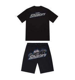 Summer new Trapstar London shooter short-sleeved t shirt suit chenille decoding black ice Flavour men's round neck T-shirt shorts Tidal flow design 550ess