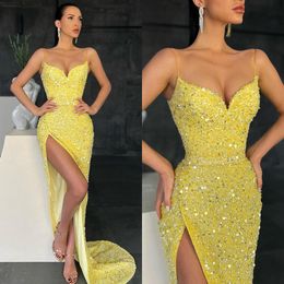 Sparkling Yellow Sequin Prom Dress with Slit for Special Ocns