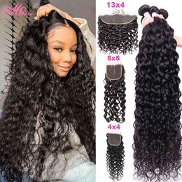 Hair Bulks Mshere Water Wave Bundles with Closure Human With Frontal 13x4 Transparent Lace clousure 230617