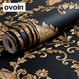 Wall Stickers High Grade Black Gold Luxury Embossed Texture Metallic 3D Damask wallpaper for wall Roll washable Vinyl PVC Paper 230616