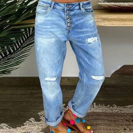 Women's Jeans Women Blue Loose Single Breasted Ripped Straight Leg Pants Casual Street Style Plus Size High Waist Mom Denim