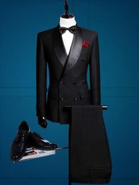 Brand New Black Groom Tuxedos Shawl Lapel Double-Breasted Men Wedding Tuxedo Fashion Men Jacket Blazer Men Prom Dinner/Darty Suit Jacket Pants Tie 651