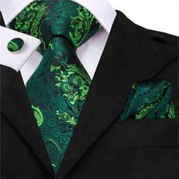 Men Green Floral Tie Paisley Silk Necktie Pocket Square Set for Party Business Emerald Ties Gift Whole HiTie SN32063162434284q