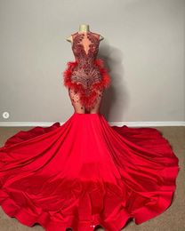 Red Sparkly Mermaid Prom Queen Birthday Dresses Sheer Mesh Stain Gillter Crystal Beaded Black Girl Evening Ocn Gown