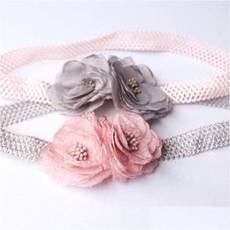 Hair Rubber Bands 12Pcs/Lot Korean Design Double Flower Pink Gold Hearts Hairbands Princess Grey Floral Summer Elastic Girl Dhgarden Dho2M