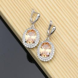 Dangle Earrings 925 Sterling Silver Champagne Stone And White CZ For Bridal Decoration Set Drop