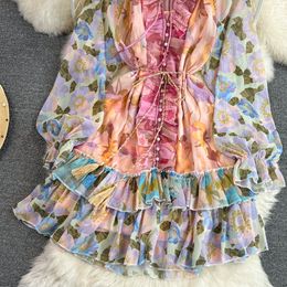 Casual Dresses Retro Floral Print Elegant Chiffon Dress Two Pieces Sets A-line Ruffle Puff Sleeve High Waist Slip Dress Sets Women