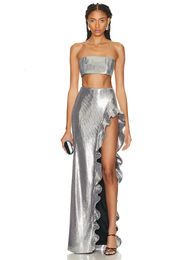 Two Piece Dress High Quality Luxury Designer Sexy Women Sequins 2Piece Set Short Top Ruffled Side Split Long Skirt Birthday Evening Party Sets 230617