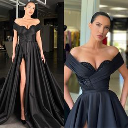 Sexy Black Prom Dresses Off Shoulder Party Evening Gowns Pleats Slit Semi Formal Long Special Occasion dress