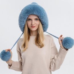 Berets Women Hat Fur Thicken Plush Lining Fluffy Comfortable Keep Warm With Earflap Three Balls Autumn Winter Ladies Knitted Cap
