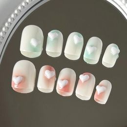 False Nails 10pcs Handmade Cute White Heart Design Artificial Patch Short Gradient Sweet Fake Nail With Jelly Glue S/M/L