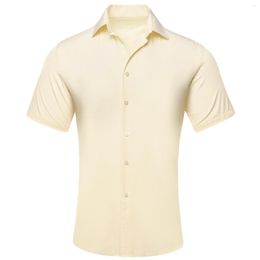 Men's Casual Shirts Hi-Tie Beige Yellow Short Sleeves Mens Jacquard Solid Silk Spring Summer Hawaii Micro Elastic Shirt Blouse For Male Gift