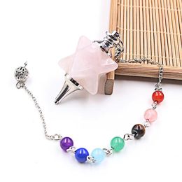 Pendant Necklaces FYSL Silver Plated Star Point Many Colours Quartz Stone Pendulum With Beads Chain Healing Chakra Jewellery