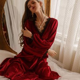 Women's Sleepwear Velour Nightdress Nightgown Women Long Sleeve Robe Loungewear V-Neck Lace Nighty Gown Nightwear Casual Home Dress