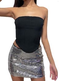 Skirts Women S Sparkle Bodycon Mini Patchwork Trim Low Waist Metallic Tube Solid Color Slim Fit Night Party (Silver S)