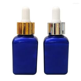 Storage Bottles 30ml Blue Square Glass Dropper Refillable Bottle Gold Silver Ring White Top Cosmetic Packaging Empty Essential Oil Vials