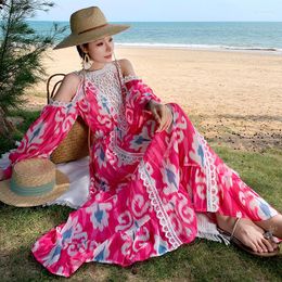 Casual Dresses 2023 Summer Elegant Floral Printed Bohemian Maxi Dress Women Long Sleeve Off-the Shouder Lace Splicing Holiday Beach