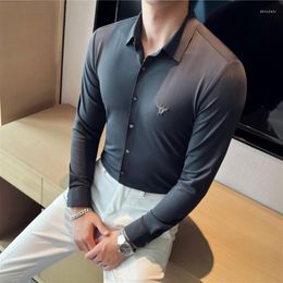 Men's Casual Shirts Brand Embroidery Mens Elasticity Seamless Long Sleeve Shirt Slim Business Social Dress Party Tuxedo Blouse