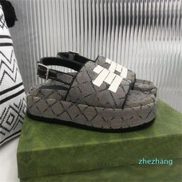 2023-Luxury Women Platform Sandal Ankle Adjustable Buckle Loafers Canvas Upper Leather Designer Slippers