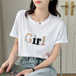 Foreigner Printed Beaded Short Women's Top 2023 New White t shirts Loose Half Sleeve T-shirt Underlay Summer blouses women