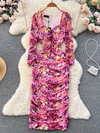 Casual Dresses SINGREINY Ruched Floral Print Dress Women Long Sleeve V Neck Fashion Elastic Waist Y2K Ladies Summer Sexy