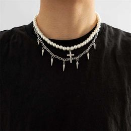 Pendant Necklaces Punk Pearl Beads Chain Spikes Cross Necklace Men Hiphop Layered Stainless Steel Choker Set 2023 Fashion Jewellery 230613