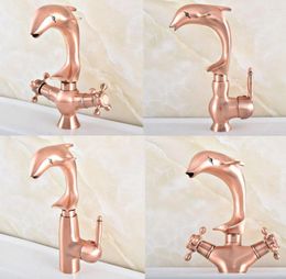 Bathroom Sink Faucets Dolphin Style Antique Red Copper Deck Mounted Basin Faucet Vessel Water Mixer Tap