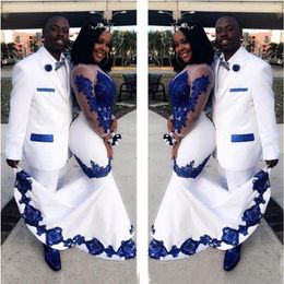 New White Satin Royal Blue Lace Aso Ebi African Dresses Long Illusion Sleeves Applique Formal Gowns Pageant Wedding Dress289N