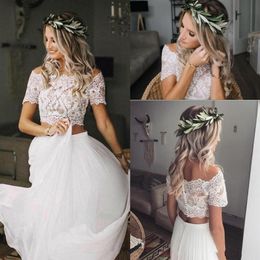 Sexy Two Piece Beach Country Style A Line Wedding Dresses Chiffon Short Sleeve Boho Lace Bohemian Bridal Gowns Wedding Dress robes162m