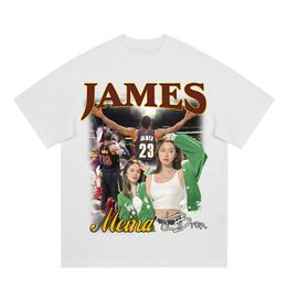 New James Mina T-shirt Small Neckline Pure Cotton Digital Direct Spray Street Vintage Men's and Women's Short Sleeves