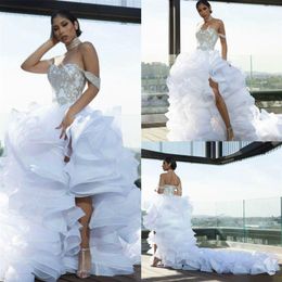Sexy Thigh High Slits Wedding Dresses 2019 Off Shoulder Beaded Tiered Ruffles Organza Beach Wedding Dress Custom Made Bridal Gowns310e