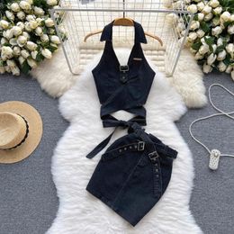 Work Dresses 2023 Summer Streetwear Sexy Backless Solid Colour Denim Camisole Tops Cross Belt Slim A-line Skirt Two-piece Suit Outfits