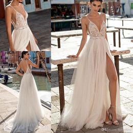 Gali Karten Sexy Beach A-Line Wedding Dresses Side Split Spaghetti Illusion Boho Wedding Dresses Pearls Backless Bohemian Bridal G270n