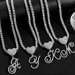 Chains Flatfoosie Iced Out A-Z Cursive Letter Pendant Necklace For Women Bling Crystal Heart Initial Tennis Chain Jewellery