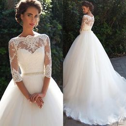 2021 Modest A Line Wedding Dresses with Half Sleeves Lace Bateau Neck Beading Sash Sweep Train Plus Size Beach Garden Bridal Gown265C