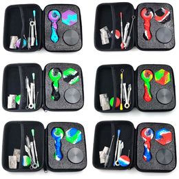 Colourful Smoking Silicone Handpipes Grinder Kit Portable Dry Herb Tobacco Philtre Silver Screen Grind Stash Case Dabber Spoon Wax Oil Rigs Storage Box Cleaning Brush