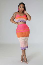 Work Dresses 2023 Women Fashion Multicolor Mixed Colors Woven Beach Skirt Two-Piece Set Short Top Mid Long Sets