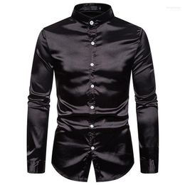 Men's Casual Shirts Men's Mens Mandarin Collar Silk Satin Dress 2023 Brand Regular Fit Long Sleeve Shirt Men Business Camisa Masculina1