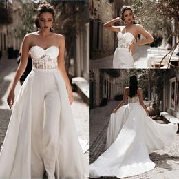 Sweetheart Lace Long Jumpsuit Wedding Dresses Tulle Applique Ruched Sweep Train Bridal Wedding Gowns With Detachable Skirt299j