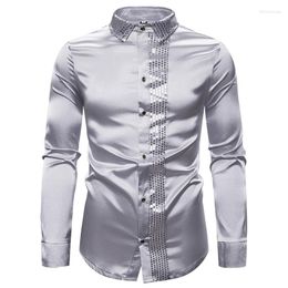 Men's Casual Shirts Shiny Silver Sequin Glitter Embellished Slim Fit Shirt Men 2023 Brand Mens Dress Wedding Party Male