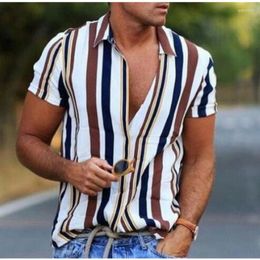 Men's Casual Shirts 2023 Summer Hawaiian Shirt Mens Vertical Stripe Print Short Sleeve Lapel Regular Hem Fit Blouse