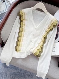 Sweaters Circyy Cardigan Women Sweater White Ruffles Tops Korean Chic Fashion VNeck Knitted Clothes Spring Autumn Pink Patchwork Casual